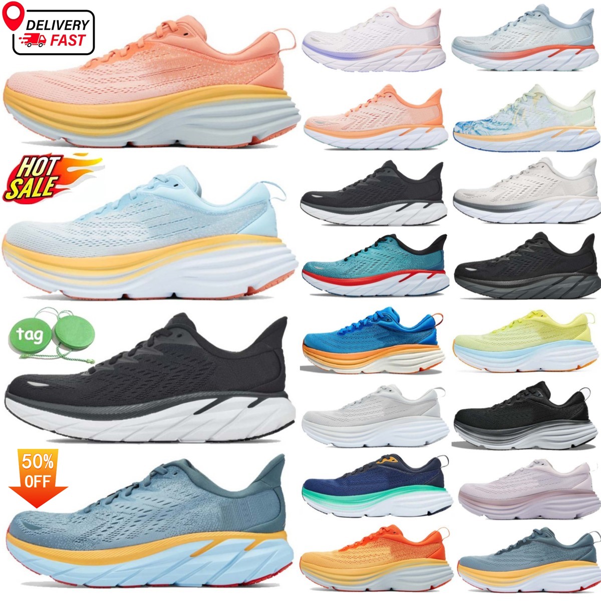 Mens Running Shoes Clifton 9 Bondi 8 Cloud Bottoms Womens Jogging Sports Trainers Free People Kawana White Black Pink orange Runners sneakers-image-878924461