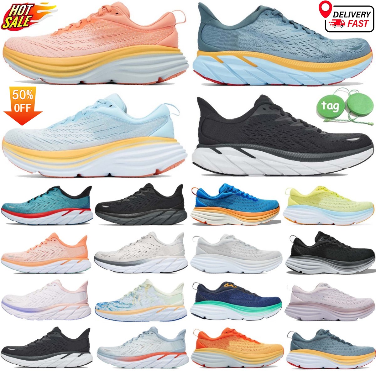 Designer Running Shoes One Bondi 8 Clifton 9 Womens Mens Black White Platform Sneakers Harbor Mens Women Trainers Runnners Top Seller 36-47-image-938260541