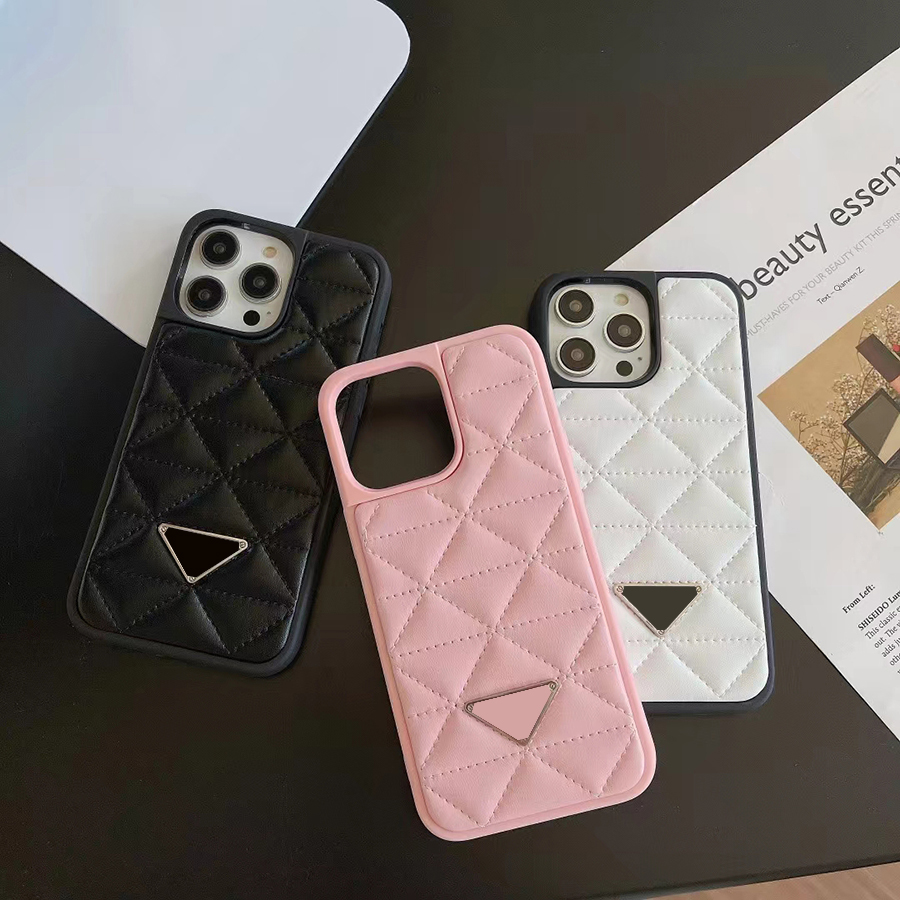 Coque de téléphone en cuir avec logo triangulaire en métal et diamant cubique pour Iphone 17 16 15 14 13 Pro Max 17Promax Silicone 16Promax Soft