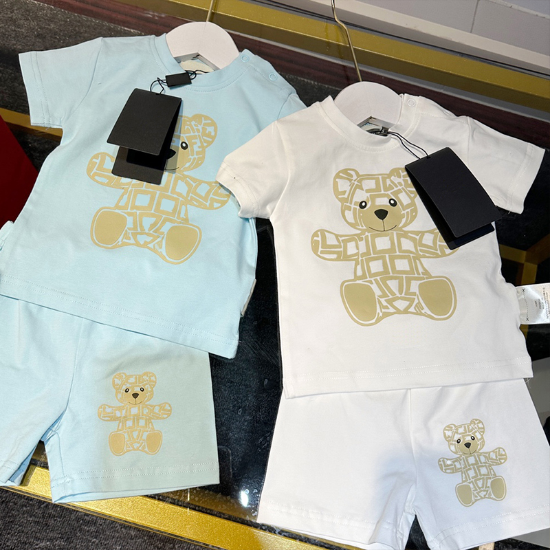 Babies Brand Casual Suit Bear Letter Short Sleeve Set Summer Cotton Shorts Cute Tracksuit White Gray Clothing Sets 66-100cm-image-959712881