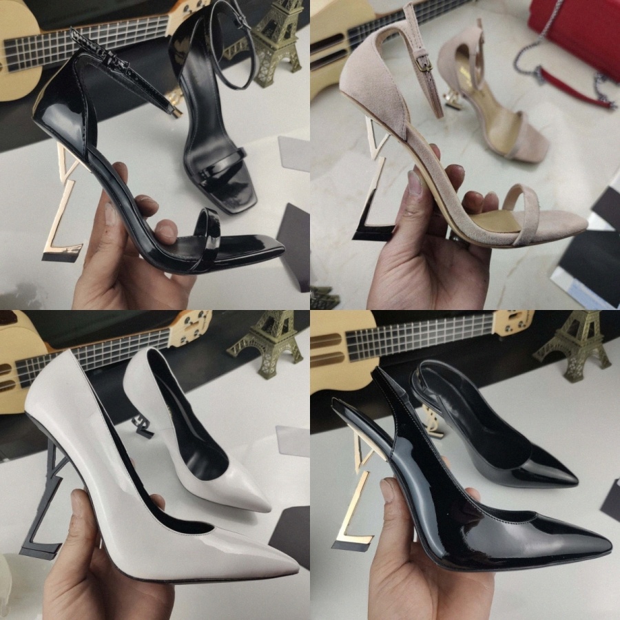 Designer Cassandra Opyum Metal Sandals Lettre sandale Pompes ouvertes Toe en cuir noir talons hauts StileTo Femmes Chaussures Blanc Red Gold Pate