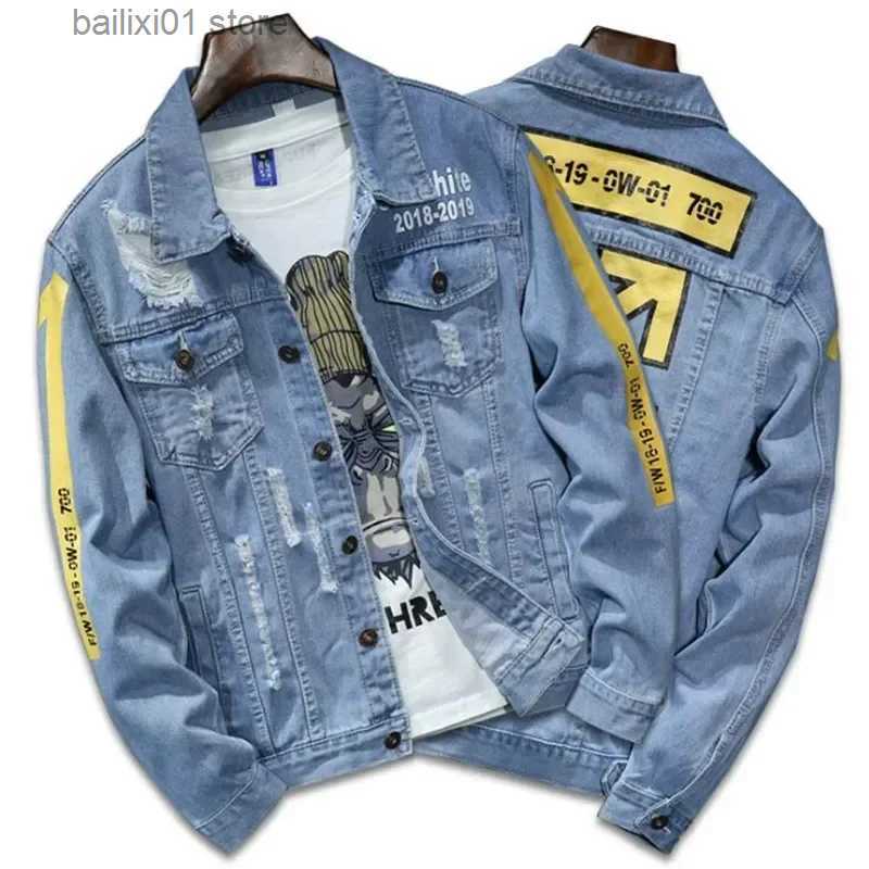 Vestes masculines 2024 High Quty Denim veste hommes Ripped Holes Mens lt Blue Jean Vestes Automne / Hiver Varière Washed Mens Denim Coat T241104