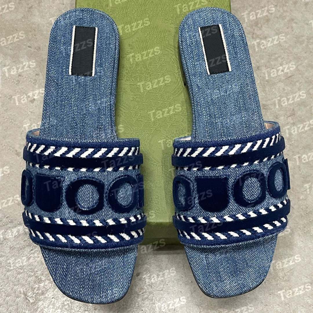 Designer Women Slides Sandals Flat Slippers Platform Denim Beach Jelly Rubber Script Embroidered Summer Fall Mules Outdoor Waterproof Denim 