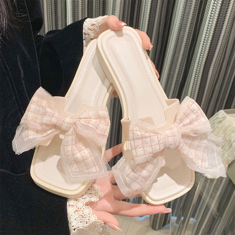 2025 New Slippers Women's summer shoes Creative mesh check bow slippers Indoor street sandals girls beach show d90e
