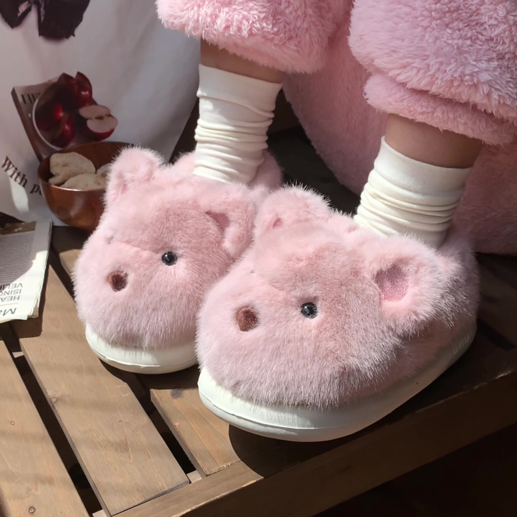 Soft Bear Fluffy Slipper dames pelues amusant mignon hiver sweet fille maison à la maison décontractée plate-forme de mode intérieure coton cab7