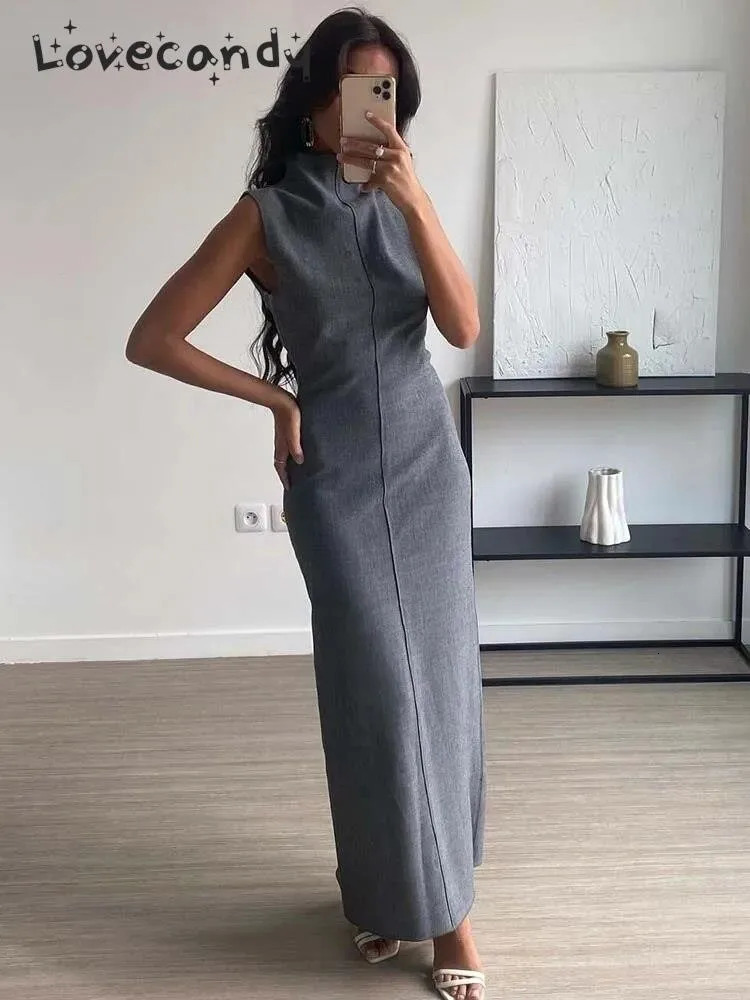 Elegant Pencil Long Dresses For Women Fashion Mock Neck Sleeveless Bodycon Party Dress Autumn Female Seamed Split Maxi Robe 240328