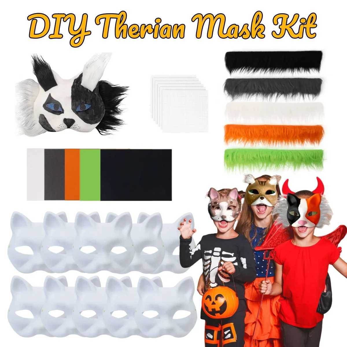 3-20 Therian Mask Set White Cat Mask Black DIY Halloween Mask Animal Half Face Mask Makeup Role Playing Party Y241104-image-1032230975