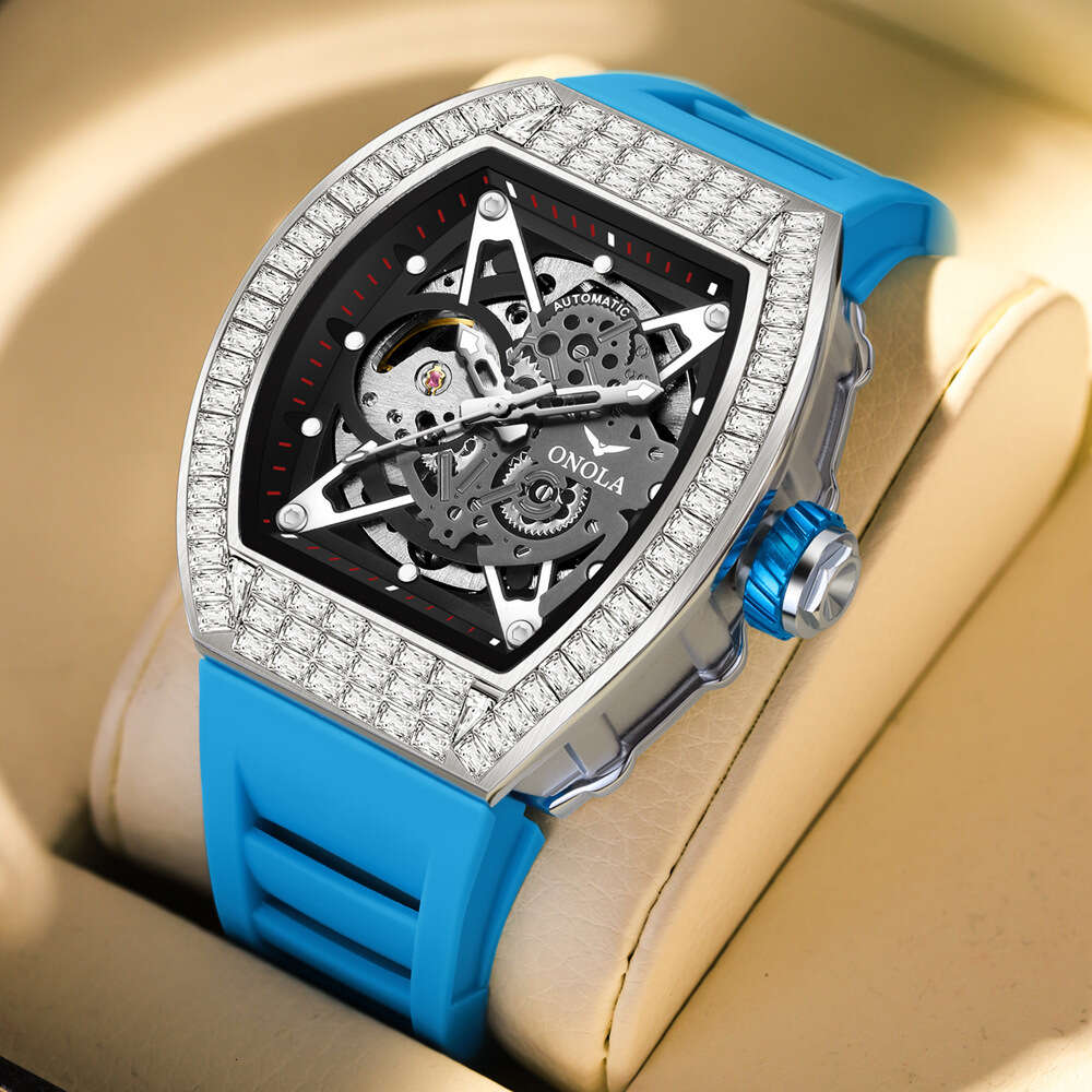 44 Fashion Square Diamond New Orona/onola Live Hollow Fully Automatic Mechanical Watch Men's Silicone Tape Waterproof 66-image-960127406
