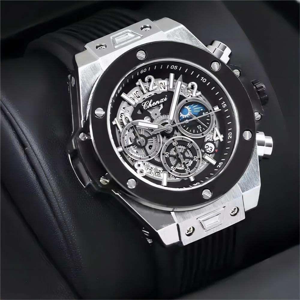 32 Multi Functional Trendy with Rivets, Moon Phase Timing, Night Light Waterproof Quartz Watch, Men's Watch 13-image-960147369
