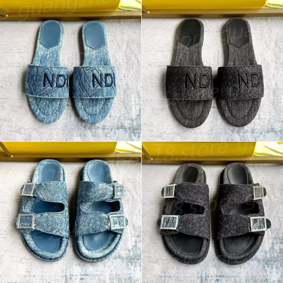 (go off picture not the description) 10A Premium Designer Denim Slippers with Embroidery Women's Double Button Sandals Summer Shoes with Pla-image-960026308