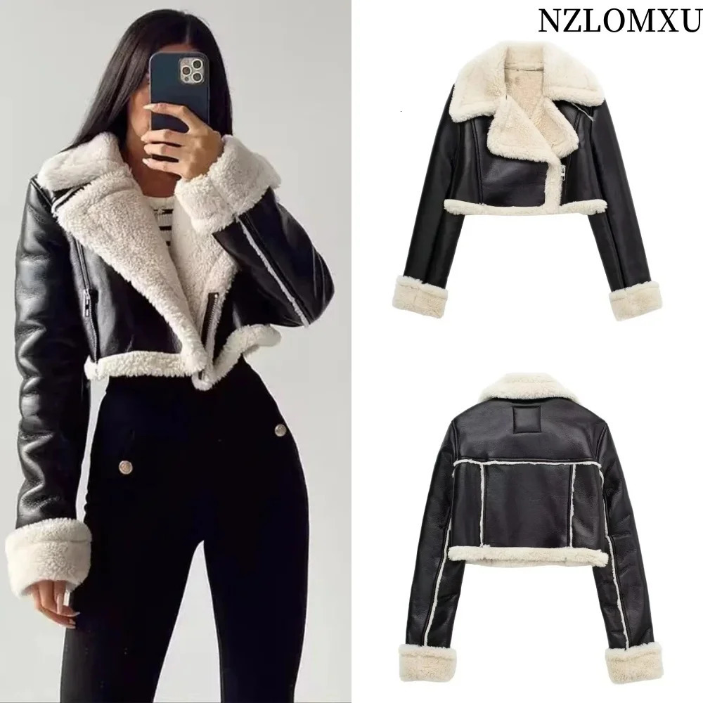 Womens Cropped Leather Jacket Coat Black Wool Blends Coats Bomber Tweed Autumn Winter and Fur Crop 241104