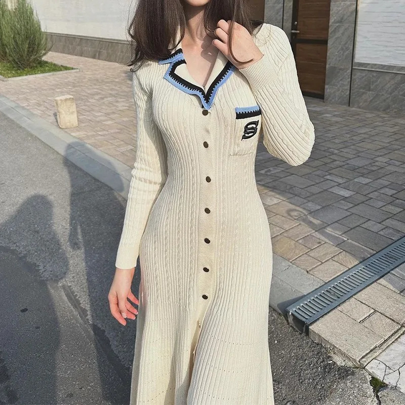 YuooMuoo 2024 Autumn Winter Elegant Knitted Sweater Dress Women Fashion Embroidery Pocket Long Sleeve Shirt Dress Vestidos 241105