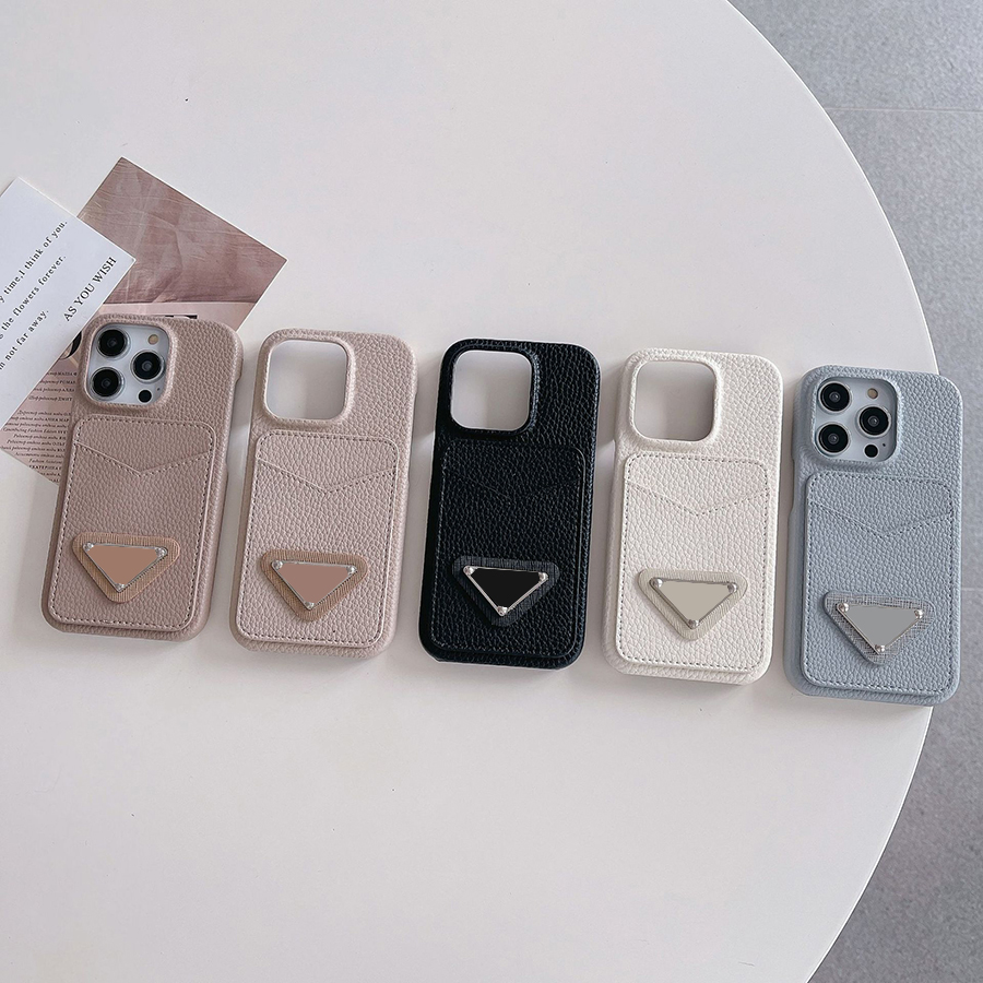 Lychee Textured Card Pocket Designer Phone Case For Iphone 16 15 14 13 Pro 12 11 Pro Max Metallic Logo 16Pro Half Wrap Luxury Case 15Pro For Apple H