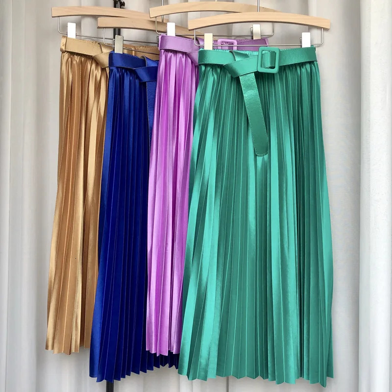 High Waist Elegant Stain Womens Pleated Skirts with Belted Solid Milong Umbrella Skirt Spring Summer 240403