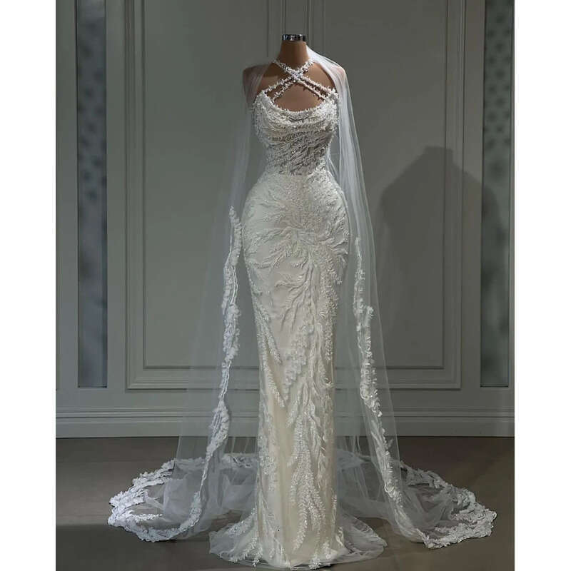 Wedding Elegant Mermaid Dresses Sleeveless Bateau Straps Halter Beaded Sequins Appliques D Lace Dias Bridal Gowns Plus Size Vestido De Novia Custom