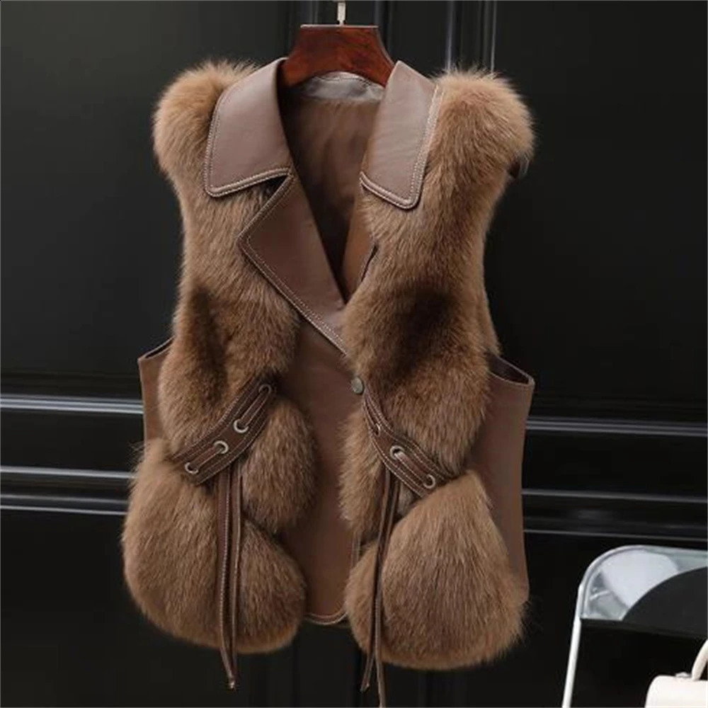 2024 Elegant Fluffy Jacket Vest Buckle Short Coat Outerwear Autumn Faux Leather Fur Coats and Jackets Women High Quality 241105