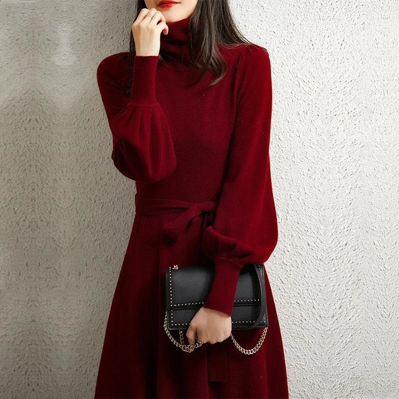 Dress Womens Autumn and Winter Knitted Thickened High Neck Long Sleeve Solid Color with Coat Medium Long Warm Fashion Elegant 241105