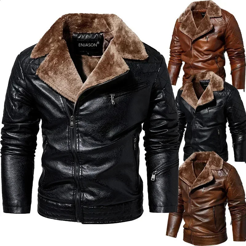 Fashion Warm Winter Mens Leather Jacket with Fur Collar Thicken Fleece Motorcycle Coat Casual Faux Locomotive 241105