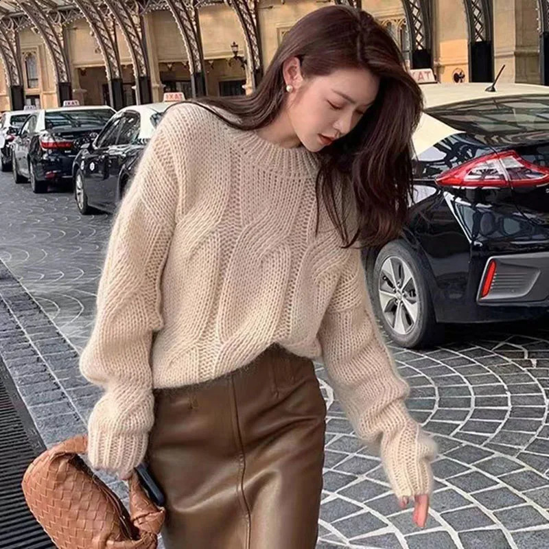 Lucyever Lazy Style Twist Sweater for Women Autumn Winter Thick Warm Loose Knitted Pullover Vintage Streetwear Knit Jumper Tops 241105