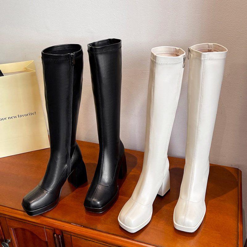 Knee Boots 2024 New Korean High-heeled Womens Elastic Knight Boots Small Height-up White Black Knee-high Boot