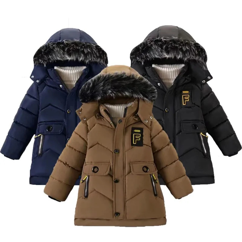 Winter Boys Jacket Solid Color Letter Printing Thicken Keep Warm Hooded Coat For 3-10Y Kids Fashion Down Cotton Snowsuit 241106