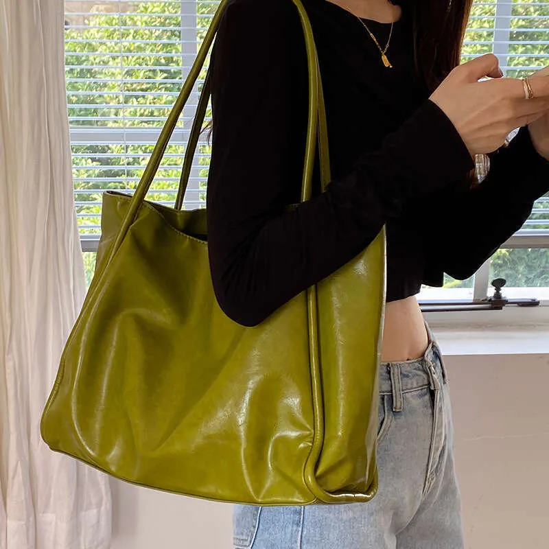 Simple Leather Shoulder Bag Women Tote Retro Solid Color Underarm Pouch For Student Large Capacity Soft Pu Fashion Portable Bucket