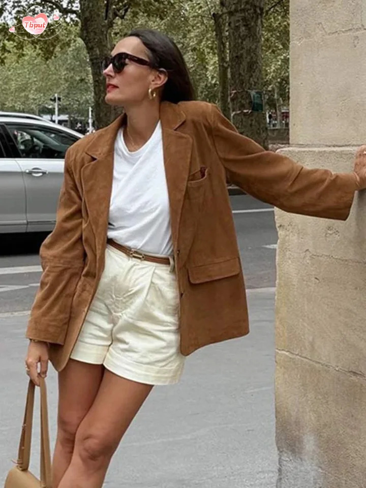 Womens Casual Brown Lapel Pocket Suede Jackets Chic Single Breasted Long Sleeve Vintage Coats Ladies Fall Street Outerwear 241106