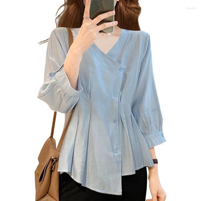 Women's Blouses Spring Autumn Solid Color V-neck Long Sleeve Fashion Shirt Women High Street Button Patchwork Cardigan Elegant All-match