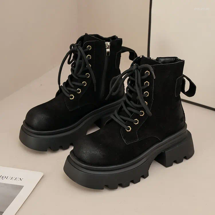 Boots Platform Riding Women's Summer 2024 Vintage English Round Head Lace-up Thick Sole Ground Leather Short