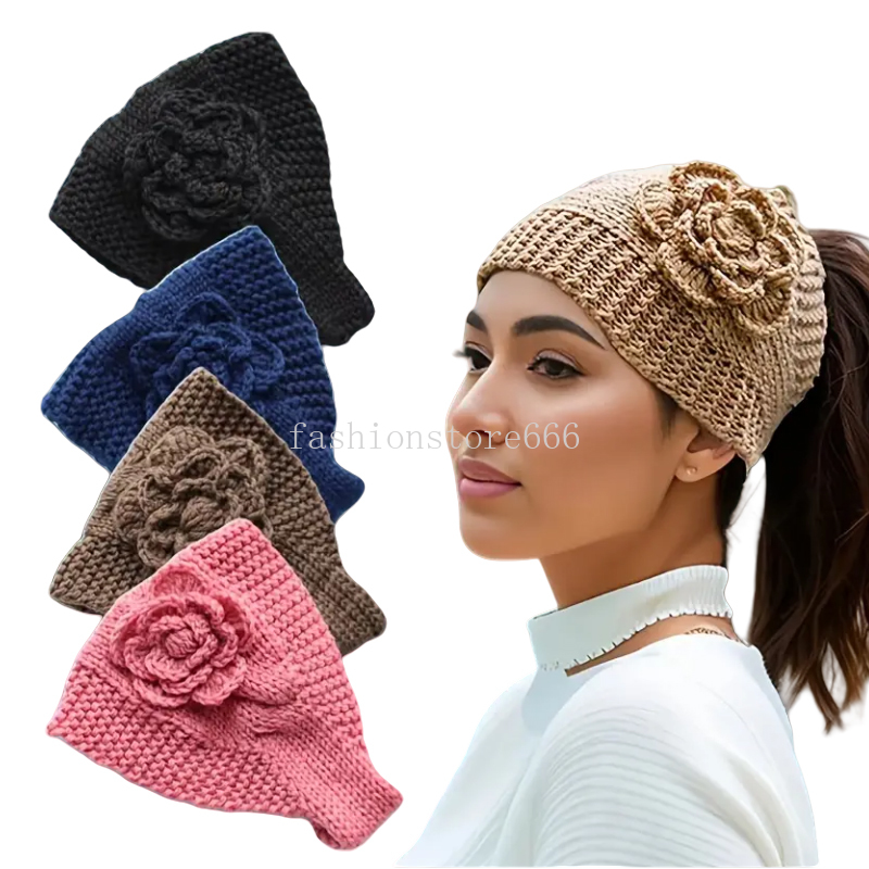 Nouveau hiver chaud oreille en tricot et couches de fleur de crochet élastique pour les femmes Girls Europe Solid Turban Hair Band Warp