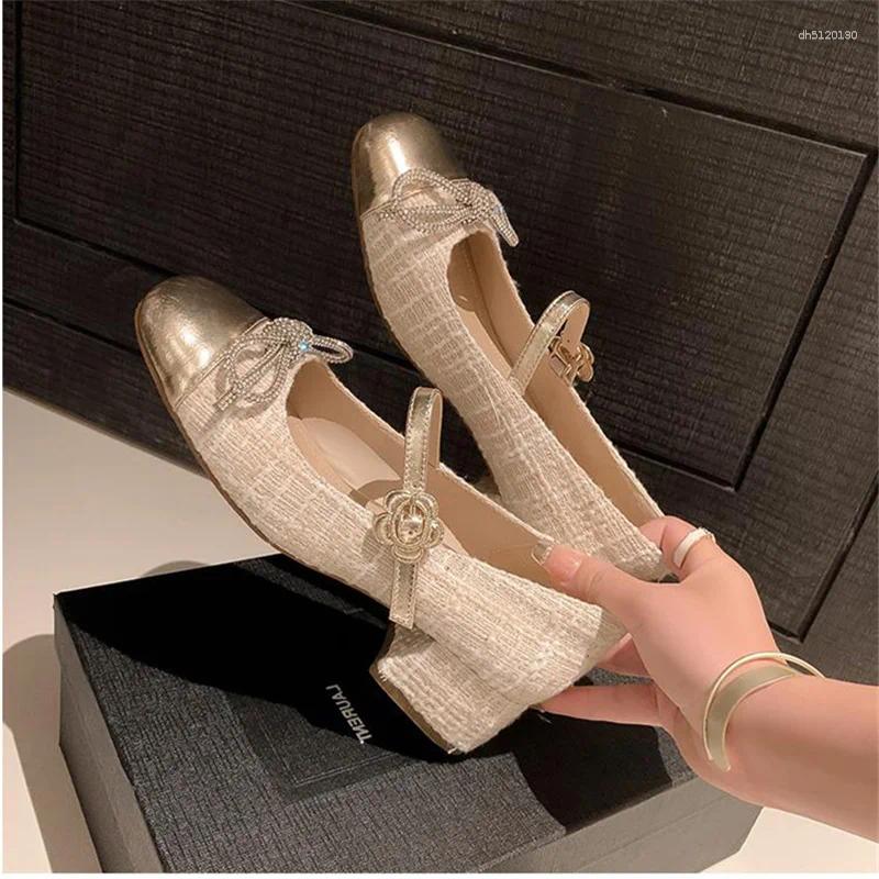 Dress Shoes White Sequin Fabric Women Single Bowknot Ladies Pumps Rhinestone Tacones Para Mujer Round Toe Sapatos Feminino Spring 2024