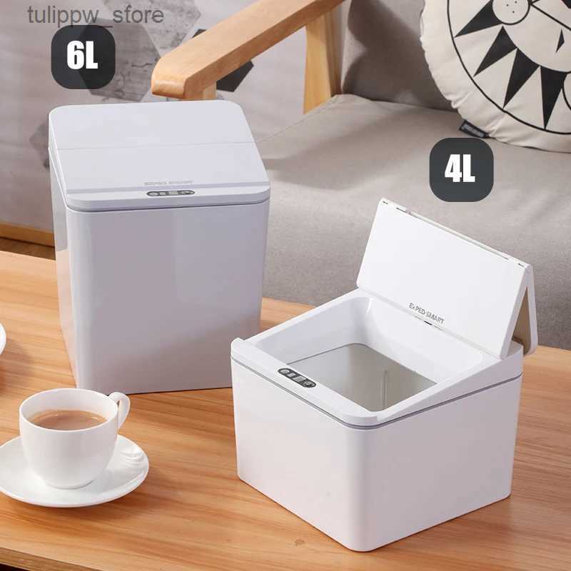 Waste Bins 4/6L Desktop Mini Trash Can Sensor Small Countertop Trash Can with Lid Tiny Waste Basket Miniature Desk Garbage for Bathroom L46-image-961381174