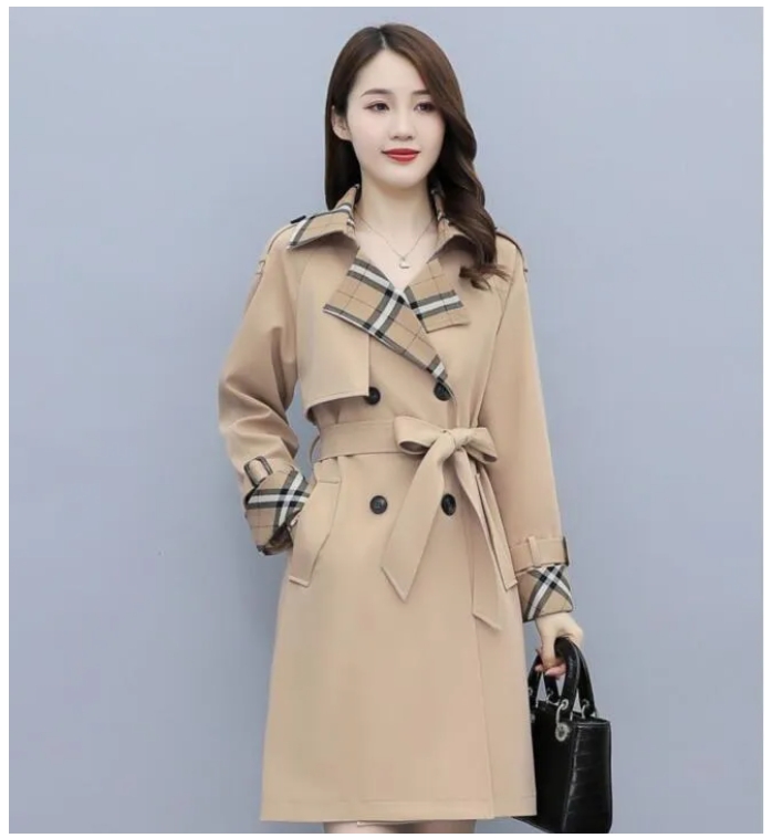 Designer Women's Trench Coat - 2024 Fashion Luxury British Style Khaki Plaid Mid-Length Belt Coat