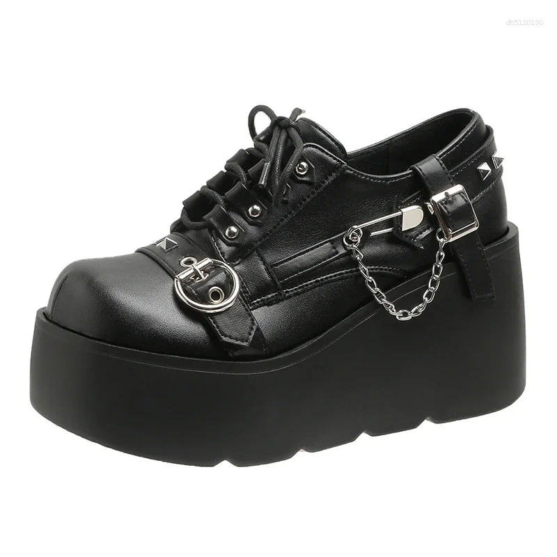 Chaussures décontractées Bottes de rock rétro pour les femmes Niche en métal en cuir punk foncé plate-forme basse de 8,5 cm d'épaisseur