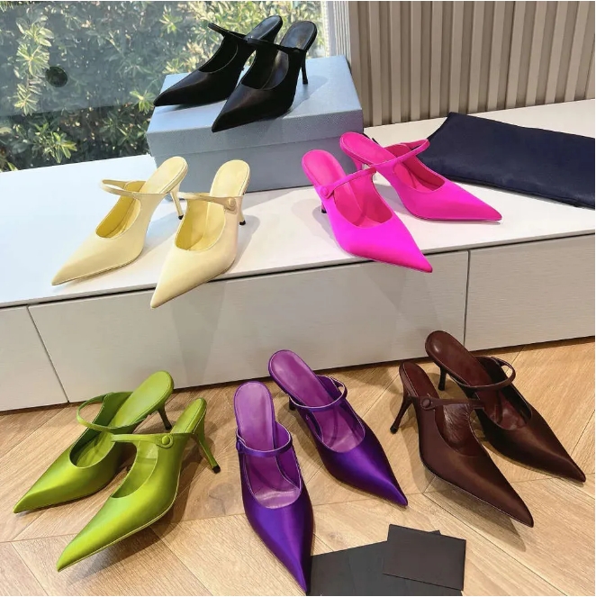 Designers womens Shoes sandals fashion Satin high-heeled mules pointed toes stiletto heel slippers top quality Lady pumps high heeled Wedding Party