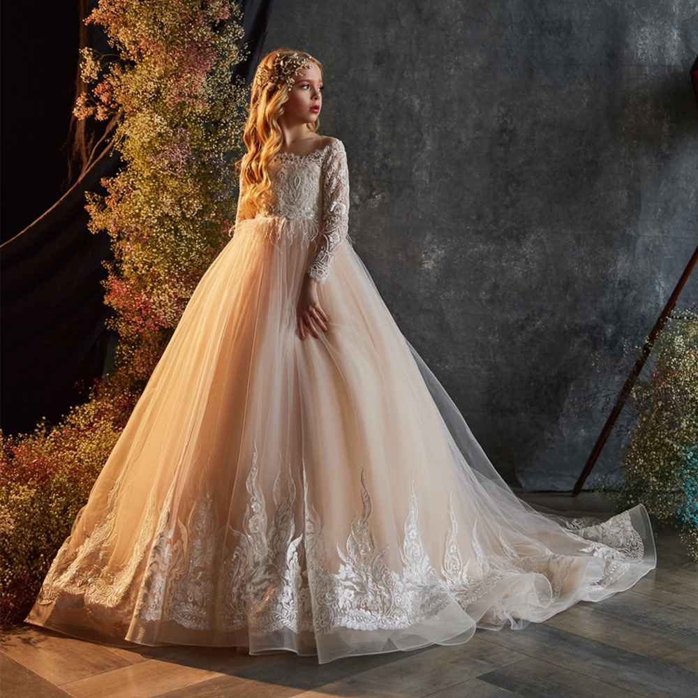 Lovely Lace Flower Girls Dresses 2024 baby Ball Gowns Kids Wedding Pageant crystals beaded Dress First holy Communion Gowns Princess Ball Gown We-image-960625723
