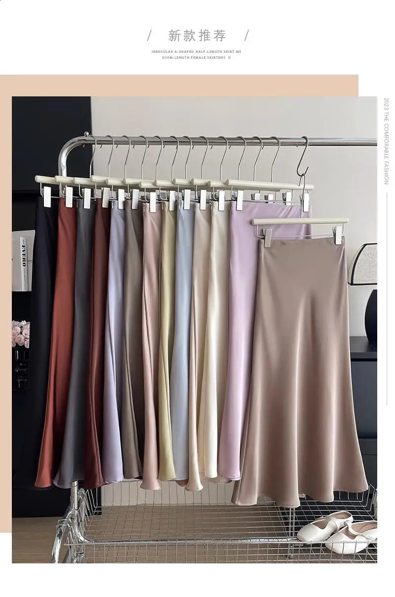 Elegant Womens Skirts High Waist Silk Satin Aline Skirt Lady Fashion Solid Color Purple Long for Women 240403
