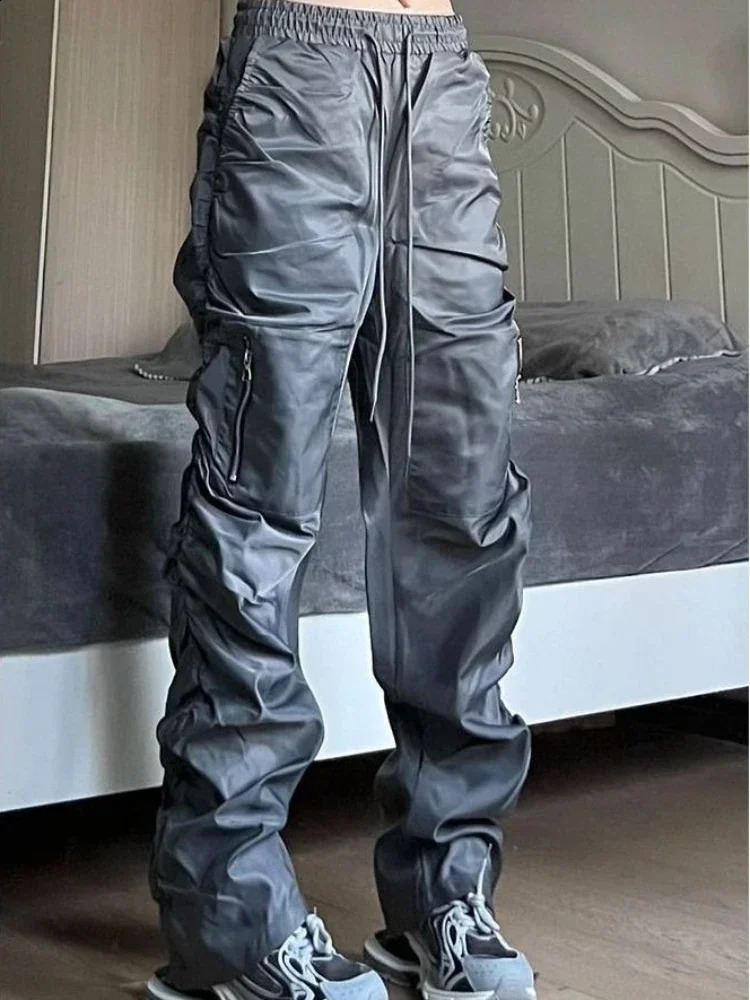 Mens cargo pants mens black gray stacked hip-hop nylon fashion aesthetic oversized Korean style pocket cotton 241031