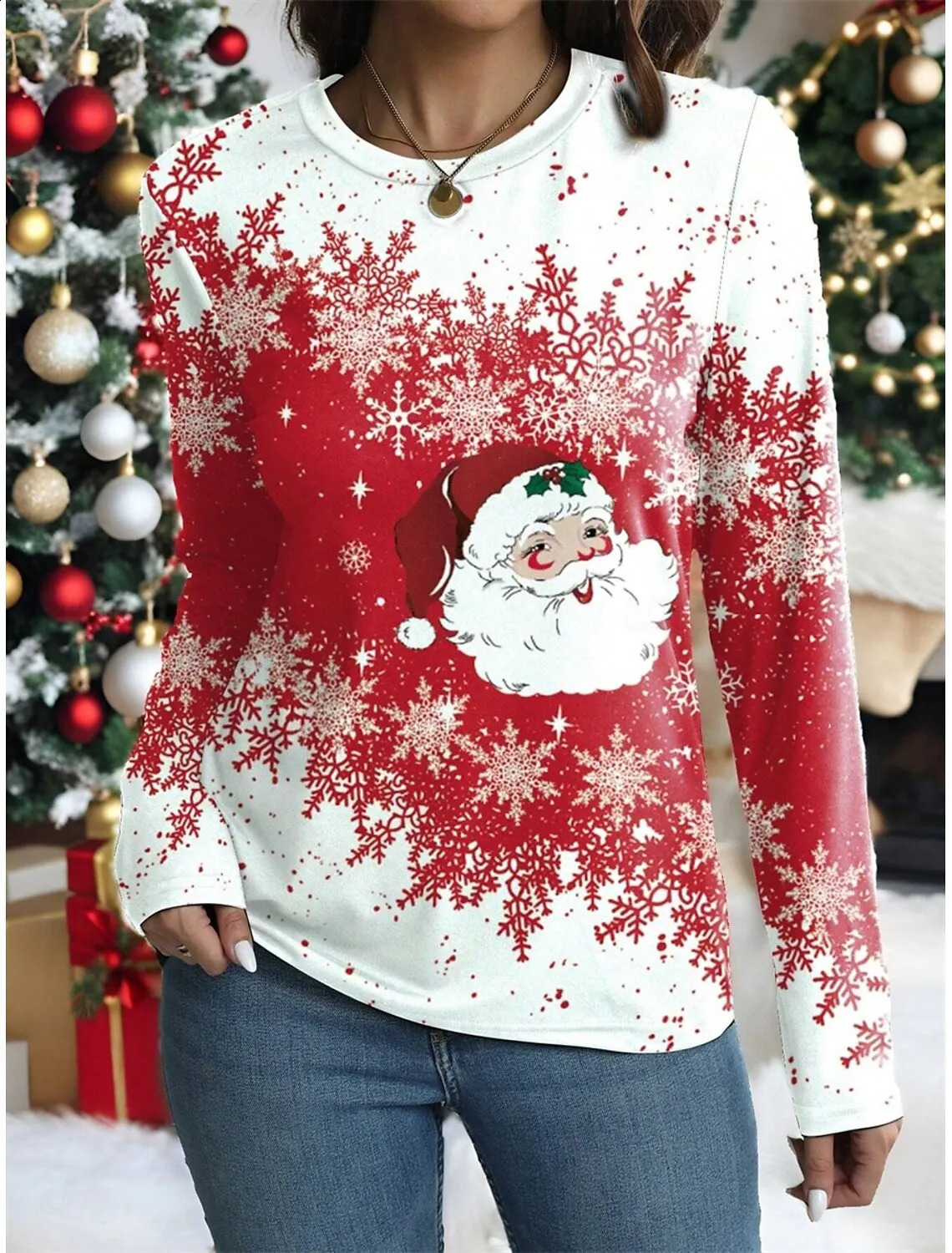 Christmas Santa Claus 3D Print Crew Neck Long Sleeve TShirt Fashion Womens clothing Casual y2k clothes Harajuku Female 241029 ed