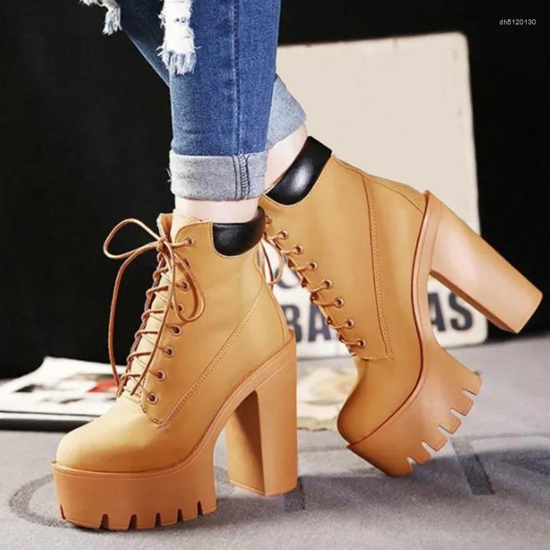 Bottes dames femme chaussures de mode femmes chaussures décontractées 2024 plate-forme cheville marron femmes automne à lacets épais talon haut 4