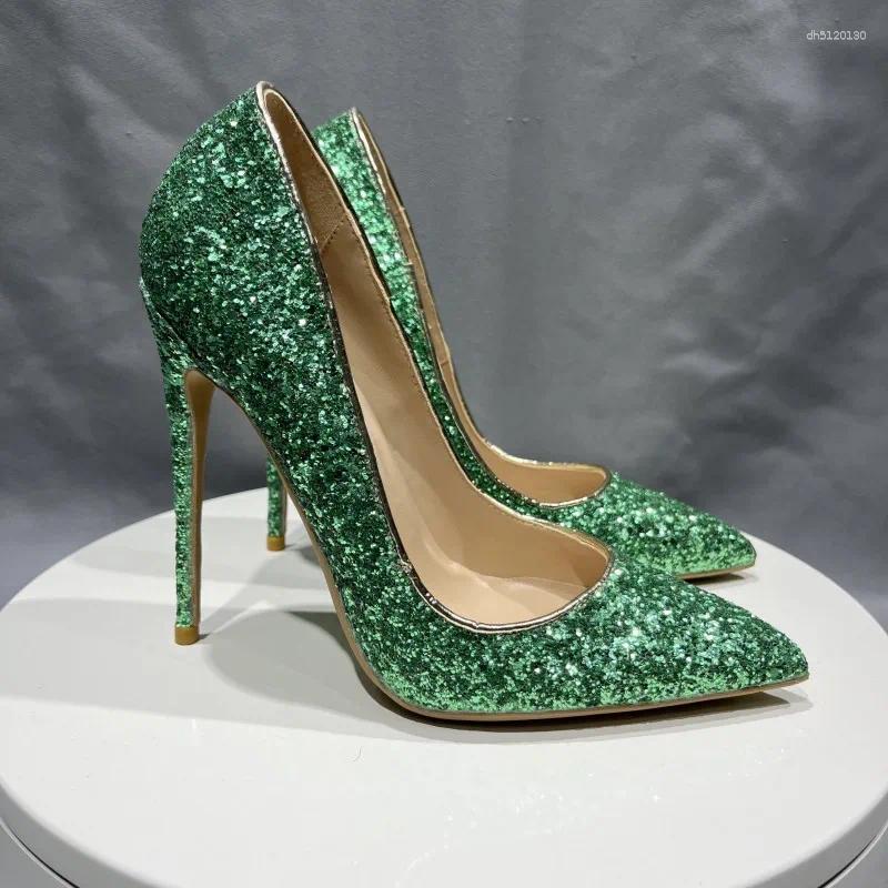 Chaussures habillées vert brillant Bling pompes de base printemps automne bureau dame 12cm talons fins bout pointu femme Zapatos Mujer