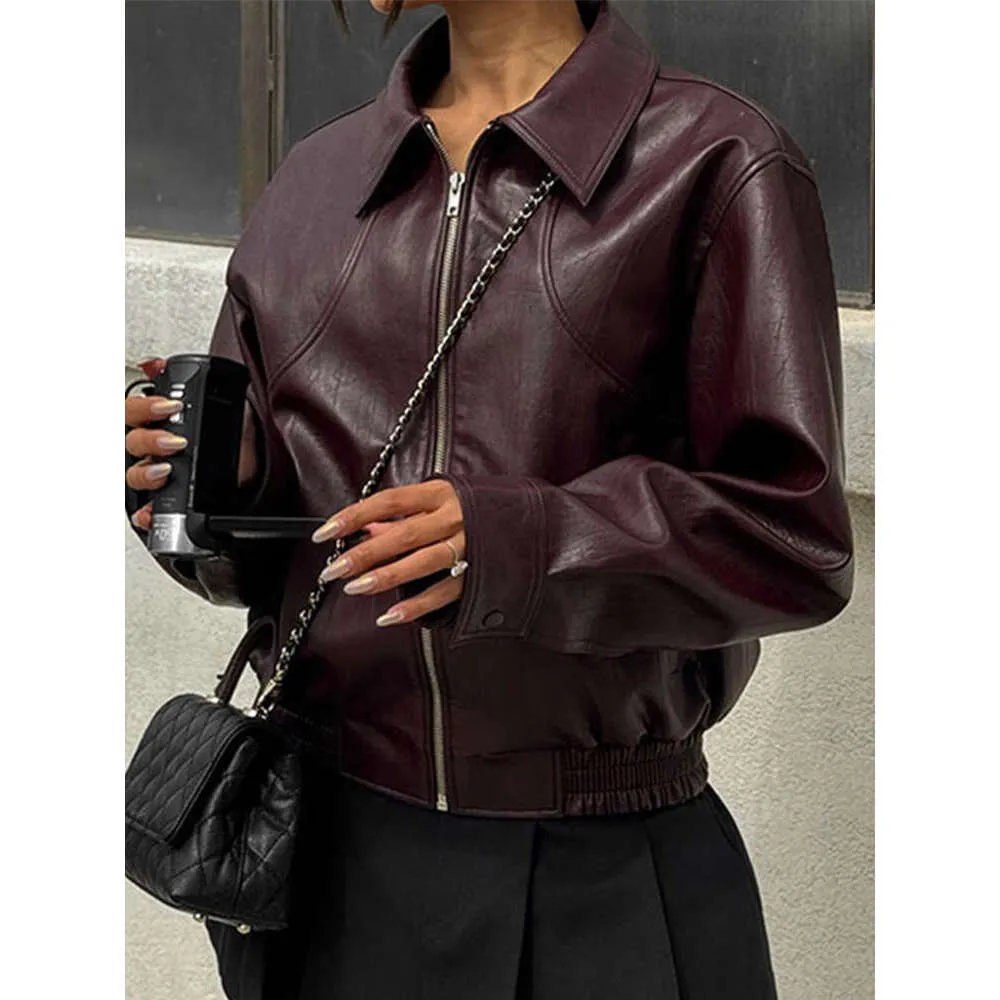 Fashion Zipper Short Leather Jackets Women Loose Lapel Long Sleeve Spliced Cropped Coats 2024 Autumn Lady Solid Streetwear