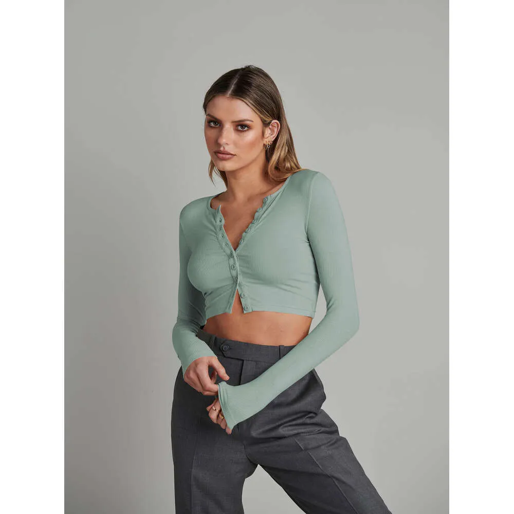 Button ribbed long sleeved knitted cardigan autumn fashion women's short exposed navel versatile bm top Women's clothing