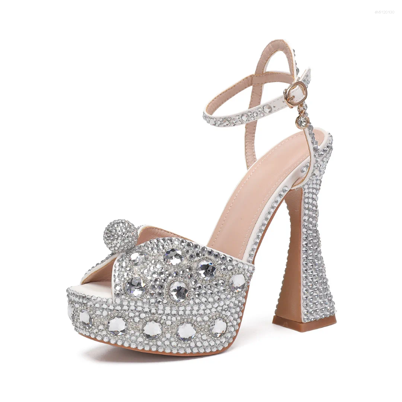 Chaussures habillées pêche bouche hautes talons épais 14 cm d'eau diamant perle décoration de femmes de mariage célibataire de mariage femmes