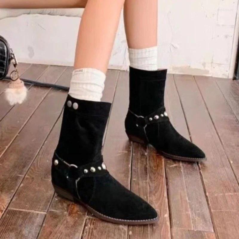 Boots 2024 Fashion Shoes For Women Sleeve Women's Spring Autumn Pointed Toe Suede Solid Short Barrel Flat Zapatos Mujer