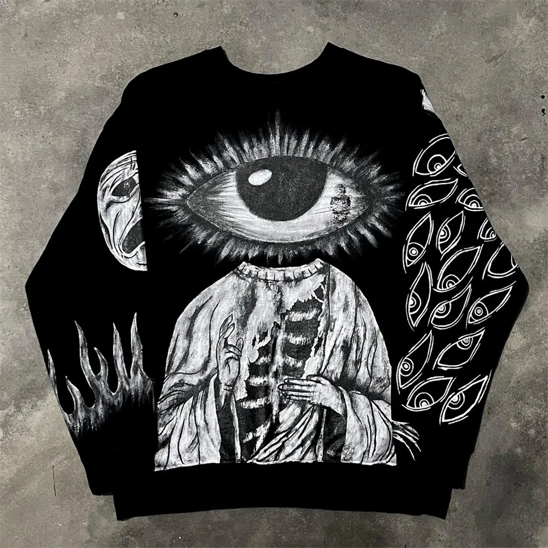 Gothic Hip Hop Streetwear Knitted Sweater Demon Painting Pullover Autumn and Winter Cotton women Men Oversized 241007Z