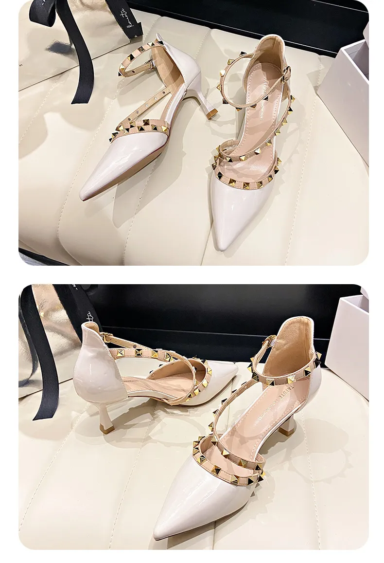 Women Electroplated Gold Ankle Straps Sandals Pointy Toe Shiny Leather Buckles Pumps With Studded Chassics Luxury Chaussure 35-39