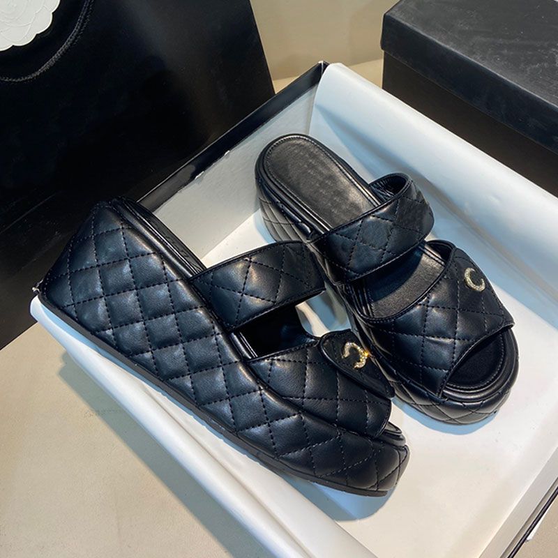 15A Platform Sandals Slide Designer Slippers Wedge Heel 6cm Beach Classic Argyll Metal Letter Sandals Luxury Summer Lady Leather Flip Flops Top Qual