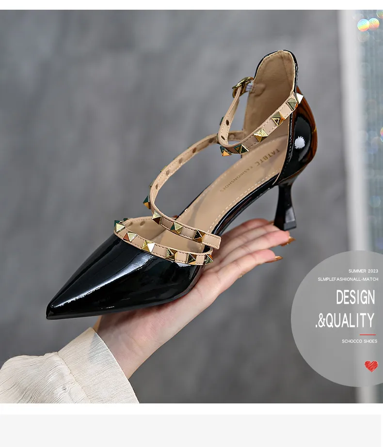 Women Electroplated Gold Ankle Straps Sandals Pointy Toe Shiny Leather Buckles Pumps With Studded Chassics Luxury Chaussure 35-39