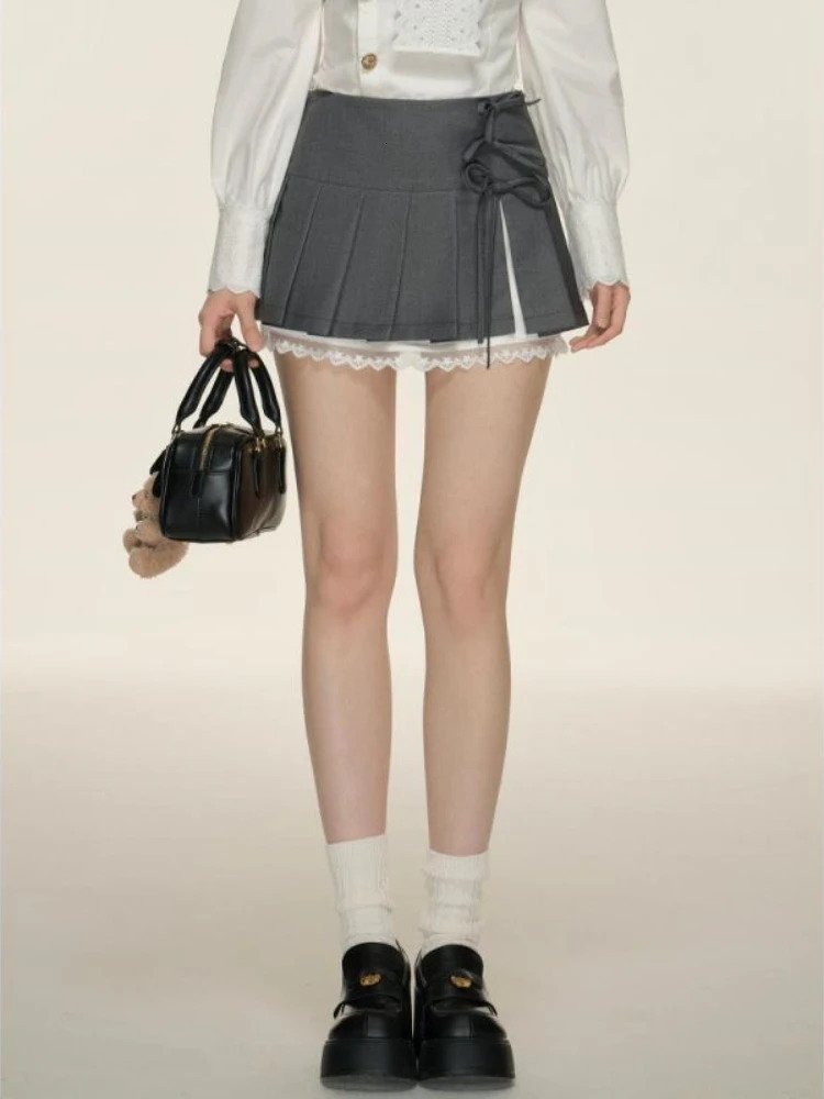HOUZHOU Preppy Style Pleated Skirt Women Korean Fashion Bow Bandage Lace Edge Vintage Grey Mini School Sexy Summer Y2k 240403